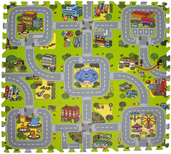 Leikkimatto, jossa tie ja kaupunki, vaahtomuovia. 9 osaa